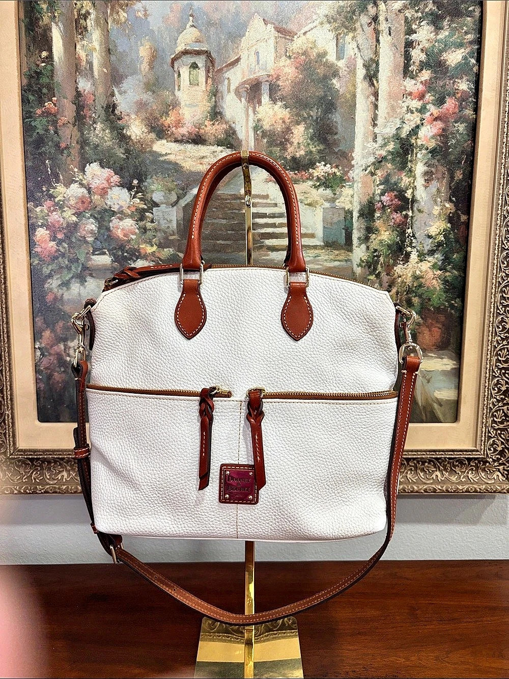 Dooney & Bourke Pebble Leather Double Zip Pocket Satchel White & Brown